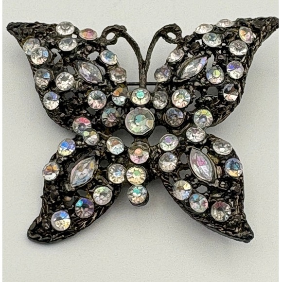 Jewelry - Vintage Aurora Borealis Rhinestone Butterfly Brooch Pin Japanned Black Metal